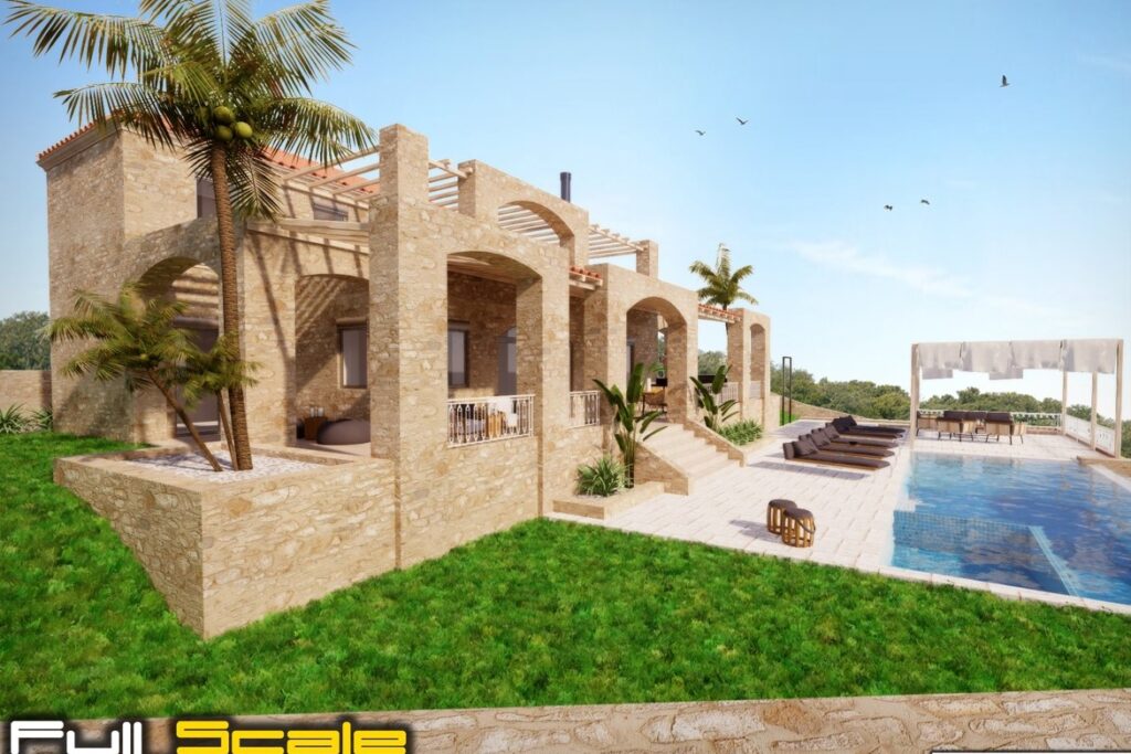 Stunning stone villa on top of the hill behind the famous beach resort of Almyrida in the middle of a green olive grove. This 4 bed villa will be build in 2021 and will offer the lucky owner to enjoy the Cretan lifestyle in walking distance to the sandy beach and the village, while feeling far from the crowd in the middle of nature.