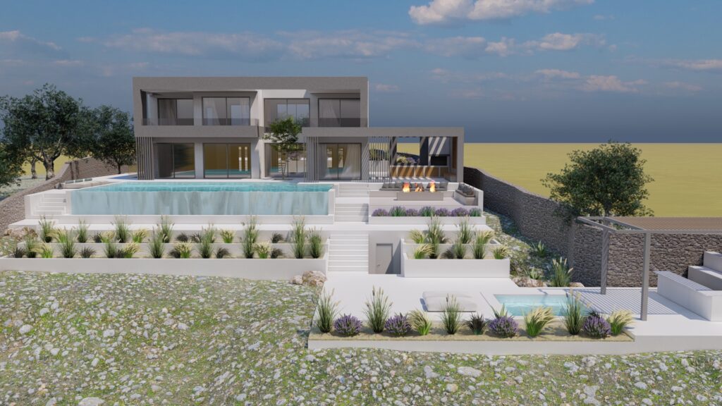 Modern building project in the hilld of Kokkino Chorio, Crete, with stunning sea and mountain views overlooking Souda Bay till Chania city. If you wish to build your custom designed dream hom ein Crete please contact our team.