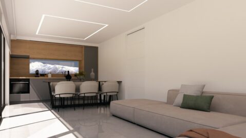 Modern open-plan living room inside a detached home for sale in Plaka, Chania